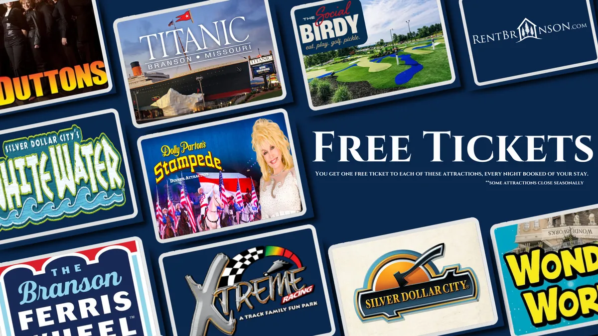 This interior image focuses on a wall featuring the logos of various Branson attractions and the phrase 'Free Tickets,' implying the property’s connection and proximity to local destinations and experiences.
