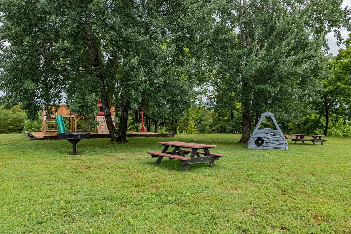 An inviting outdoor area featuring a playground structure, picnic tables, a grill, and a rock climbing element. The area is designed for group gatherings, barbecues, and active play, set amidst greenery.